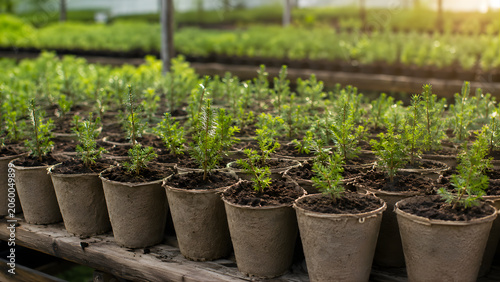 Young pine tree seedlings in peat pots growing in a greenhouse