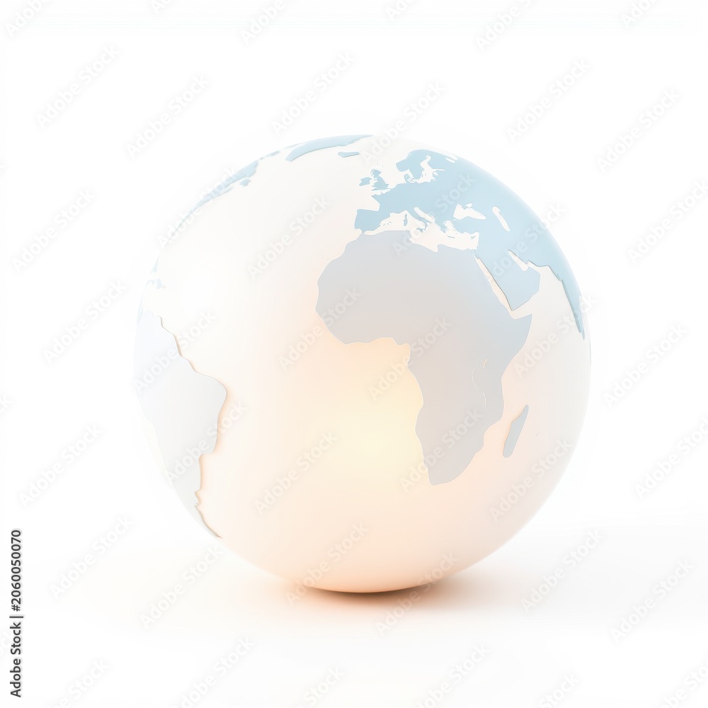 Fototapeta premium Stylized globe illustration. Soft colors depict continents, oceans. Minimalist design, bright background. Simple, clean aesthetic.