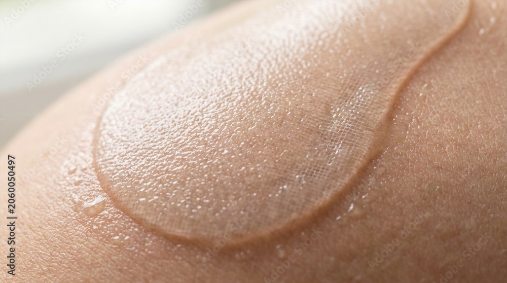 Fototapeta premium Close-up macro shot of clear gel serum with fine bubbles and texture on human skin, skincare and cosmetic concept