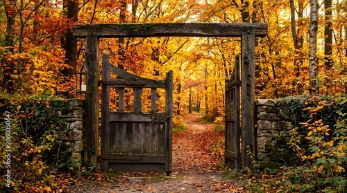 A Rustic Wooden Gate Opening Into A Radiant Autumn Forest Path Under The Golden Canopy Of Fall Foliage In A Serene Woodland Setting