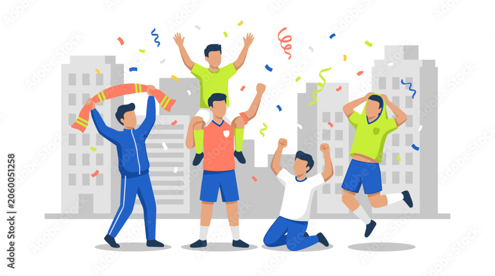 Fototapeta premium Excited football fans celebrating a team victory with cheering and arms raised after a thrilling soccer match football celebrating cheering supporters happiness lifestyle