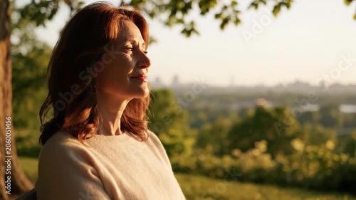 Mature woman sitting on a wooden bench in a sunlit park during golden hour, gazing contemplatively toward a distant city skyline framed by trees and warm evening light