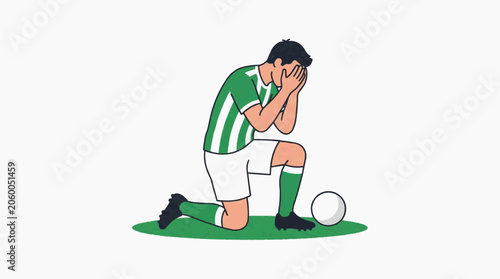 Soccer player kneeling in frustration after missed goal, flat vector isolated