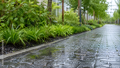 Wet stone walkway beside lush green garden foliage after rain