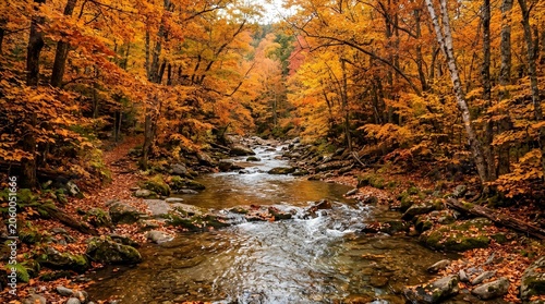Serene Creek Flowing Through a Vibrant Autumn Forest with Colorful Golden Foliage and Scenic Woodland Landscape for Fall Nature Photography