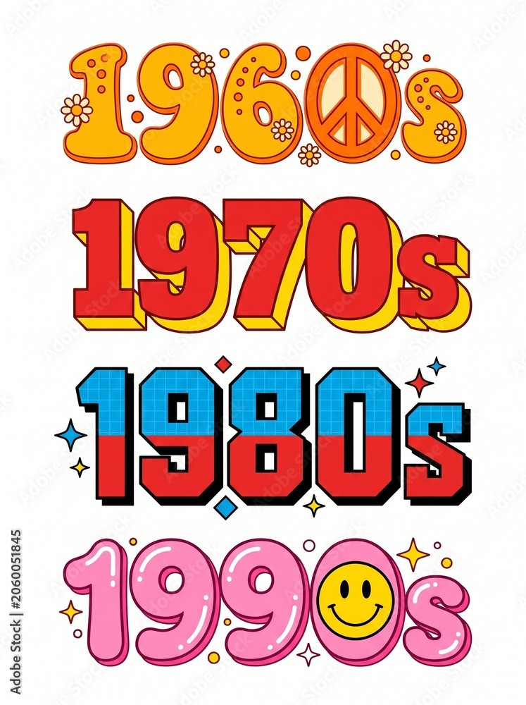 Fototapeta premium A vibrant illustration featuring stylized typography for the 1960s, 1970s, 1980s, and 1990s, each with its own iconic retro aesthetic and decorative elements. Perfect for nostalgic design projects.