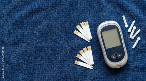 Glucose meter device with test strips and lancets on a blue textured background