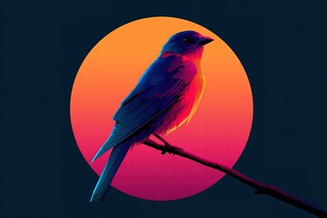 Retro synthwave style illustration of small bird sitting on tree branch against glowing orange sun dark blue background.