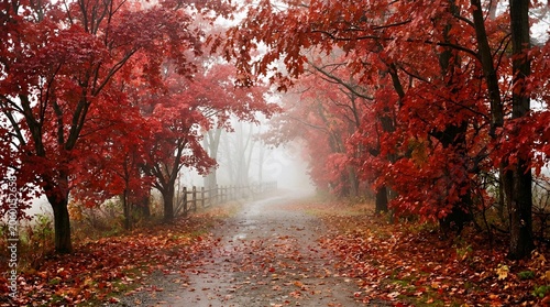 Misty Autumn Country Road Surrounded by Vibrant Red Maple Trees in a Picturesque Forest Landscape Featuring Seasonal Foliage and Fallen Leaves