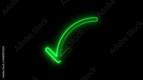 Glowing Green Neon Arrow Pointing Downward on Black Background with Radiant Glow Indicating Direction or Navigation
