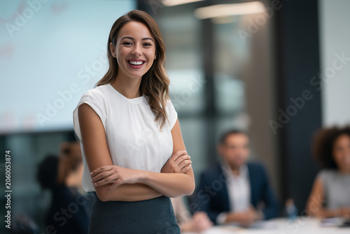 Attractive senior businesswoman smiling in boardroom, classy lawyer CEO, diverse team behind, confident leadership, venture capital meeting mood