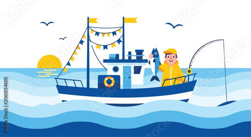 Εκτύπωση καμβά A cartoon fisherman on a boat catches a fish at sunset