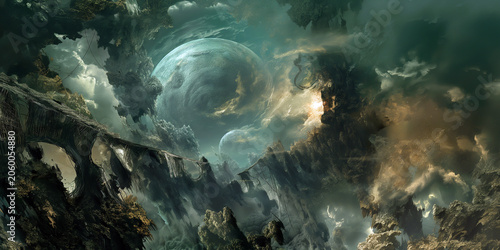 Surreal sci fi landscape with massive green planets over a dark mossy canyon and ancient rope bridges