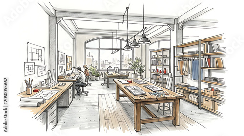 Stylish and Bright Open-Concept Office Space with Modern Furniture and Large Windows for Creative Work Environment