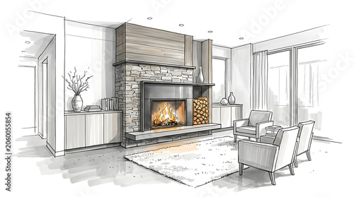 Stylish modern living room interior with cozy fireplace and minimalist decor showcasing contemporary home design elements