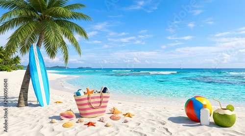 Tropical beach scene with palm tree colorful bag surfboard and beach ball on white sand with blue ocean