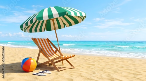 Beach scene with striped umbrella wooden lounge chair beach ball and flip flops on sandy shore by ocean