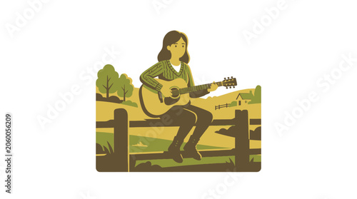 Woman playing acoustic guitar on rustic wooden fence in sunlit meadow landscape