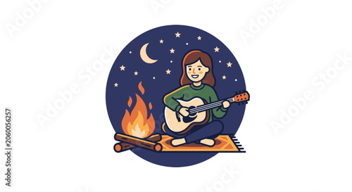 Young woman sitting on a picnic blanket playing acoustic guitar by a campfire under a starry night sky