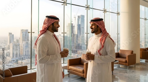 Arab businessmen conversing in modern office overlooking city skyline at golden hour