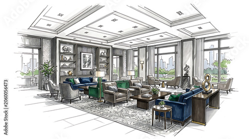 Elegant modern living room with spacious design featuring large windows and comfortable furniture arrangements