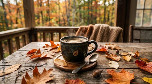 A Steaming Cup of Hot Coffee on a Rustic Wooden Table Surrounded by Vibrant Fallen Autumn Leaves on a Cozy Porch