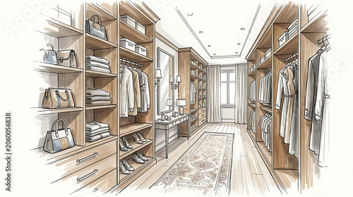 Spacious walk-in closet with organized shelves for clothes and accessories in a modern home interior design
