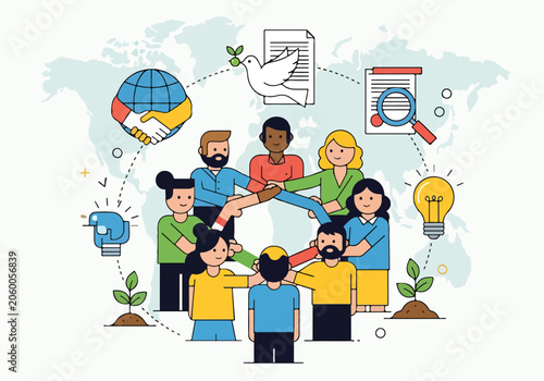 Diverse group of people holding hands around the world and ideas