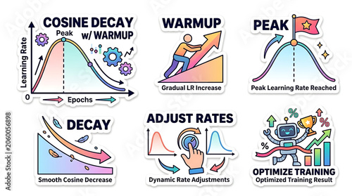 Machine learning model optimization techniques including warmup and learning rate adjustments