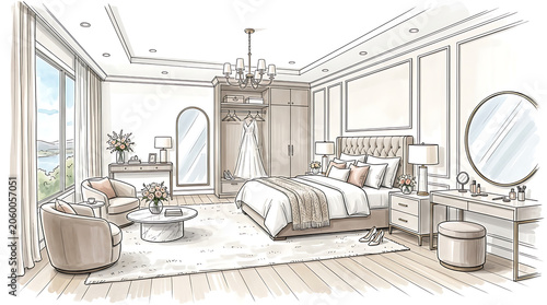 Elegant and serene bedroom interior with luxurious furnishings and calming color palette perfect for relaxation and restful nights