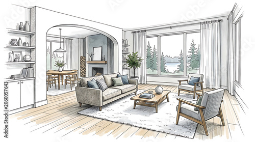 Modern living room with large windows, cozy seating area, and stylish decor creating a bright welcoming atmosphere