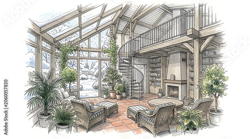 Elegant glass-walled conservatory interior with lush greenery and cozy seating area with fireplace and spiral staircase for