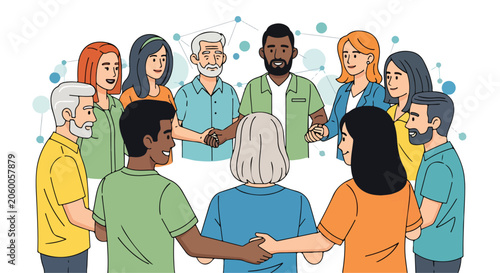 Diverse group of people holding hands in a circle