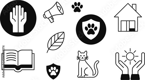 Foto Minimalist animal welfare and protection icon set featuring hands megaphone paw shield house open book leaf cat and sun symbols