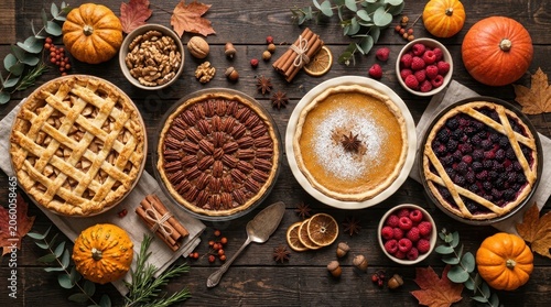 Abundant Autumn Pies and Desserts on Rustic Wooden Table Perfect for Thanksgiving Feast