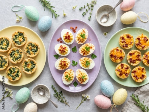An abundant Easter brunch spread featuring deviled eggs and mini tarts, ideal for a festive celebration