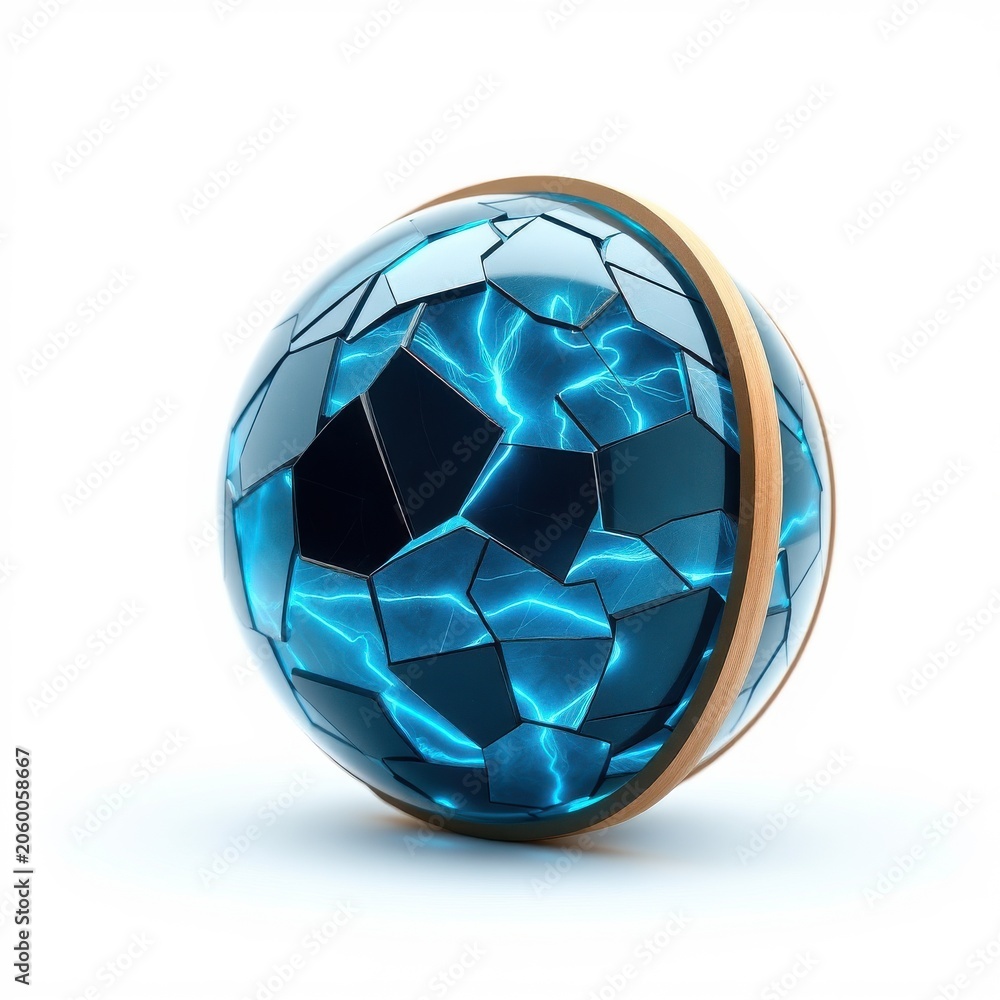 Naklejka premium Fractured sphere glows with blue energy. Broken glass effect creates dynamic visual impact. Metallic rim surrounds shattered form.