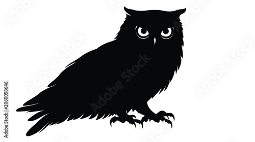 Owl silhouette with wide eyes sits in a perched position to represent wisdom and nocturnal wildlife in a clean and high-contrast digital graphic format.