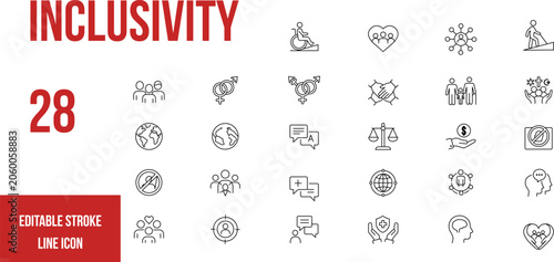 Inclusivity editable stroke line icons set for social issues and equality concepts