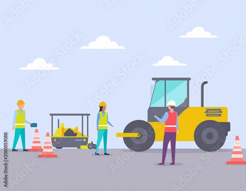 Flat Vector Illustration of Construction Workers Repairing Road with Yellow Road Roller and Traffic Cones