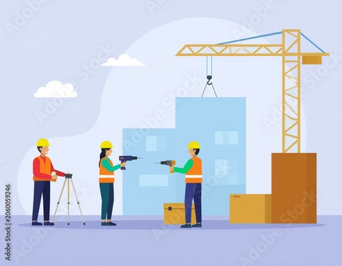 Construction workers performing site surveying and building operations with power tools and a tower crane in an industrial project development