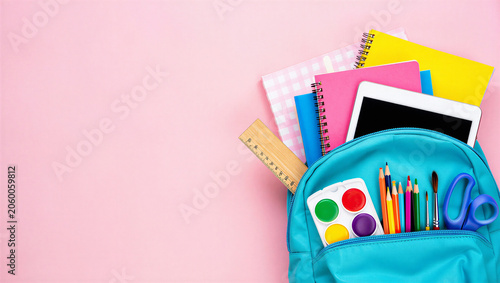 Schilderij op canvas School backpack overflowing with notebooks pencils art supplies pink background,