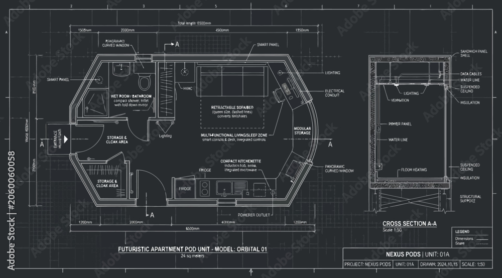Obraz premium Technical architectural blueprint of a futuristic apartment pod