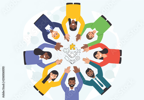 Diverse group of people putting puzzle piece