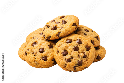 Pile of golden chocolate chip cookies isolated on a white background, featuring crunchy baked texture and rich chocolate morsels. Sweet homemade dessert snack concept, perfect for bakery, confectioner