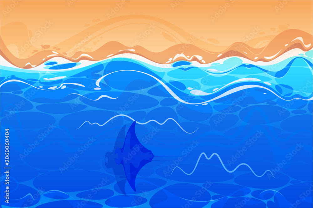 Obraz premium Shoreline with flowing waves and sandy coast. Natural beauty of beach environment. Vector seaside water textures and coastal shapes landscape, top view. Inviting seasonal atmosphere