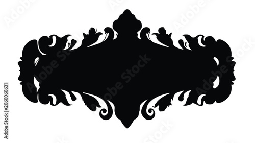 Decorative cartouche silhouette presents a bold black centerpiece with ornate scrollwork edges that serves as a versatile background for custom typography and illustrative event branding.