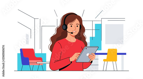 woman wearing headphones using tablet in modern office setting illustration