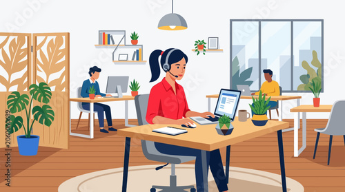 modern office workspace with woman wearing headset at desk