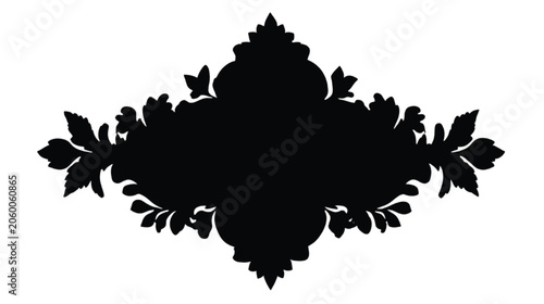 Damask pattern motif presents a bold black silhouette with elaborate foliage details that provides a versatile decorative shape for formal event stationery or graphic design projects.